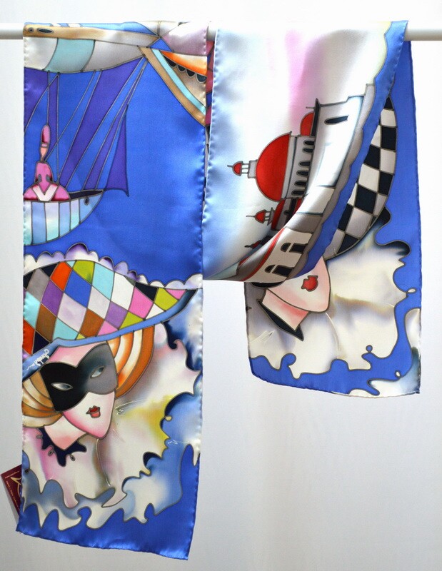 шарф "Венеция" 20х175 см , ручная роспись, 100% шёлк