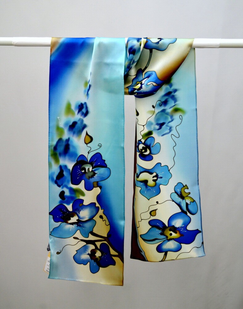 шарф "Орхидеи" 20х175см , ручная роспись, 100% шёлк