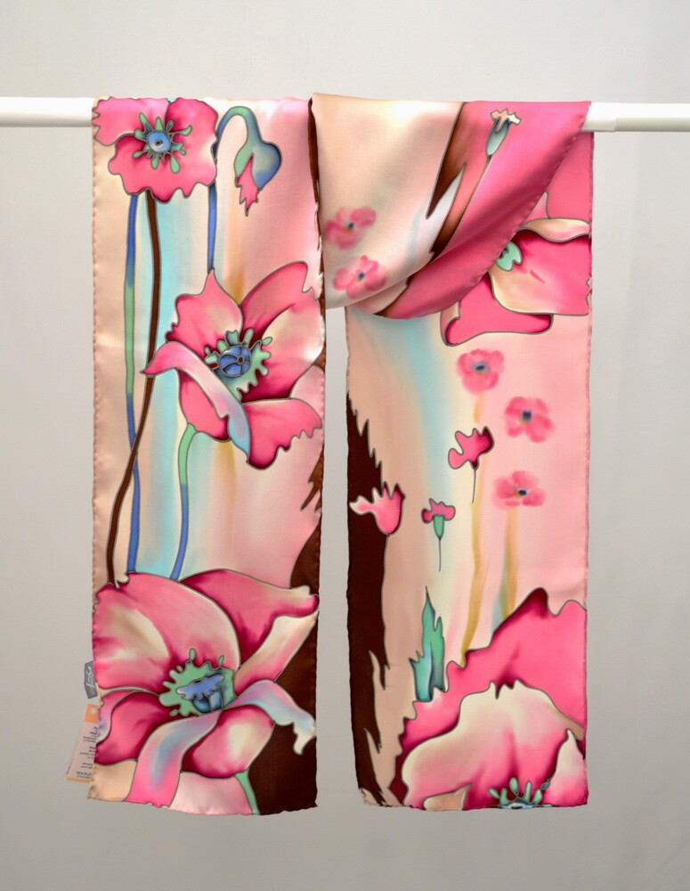 шарф "Маки" 20х175 см, ручная роспись, 100% шёлк