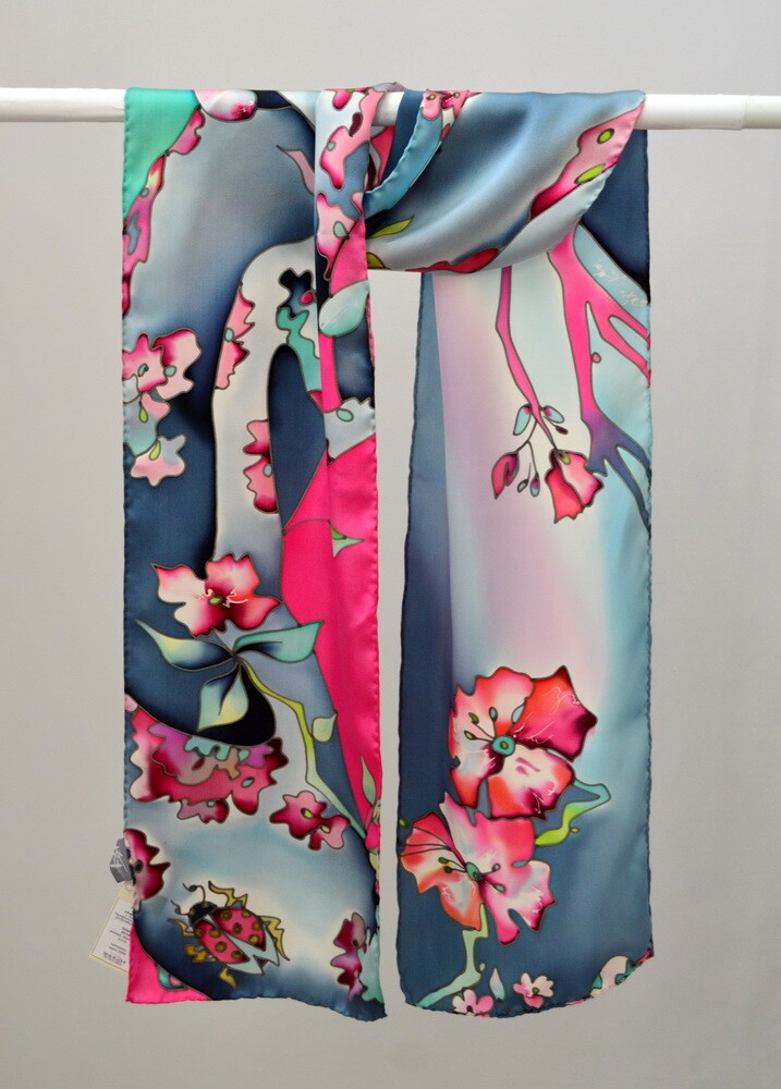 шарф "Вишня цветет" 20х175 см, ручая роспись, 100% шёлк