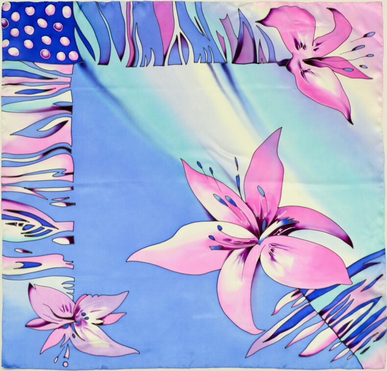 платок "Тигровая лилия" 90х90 см, ручная роспись, 100% шёлк