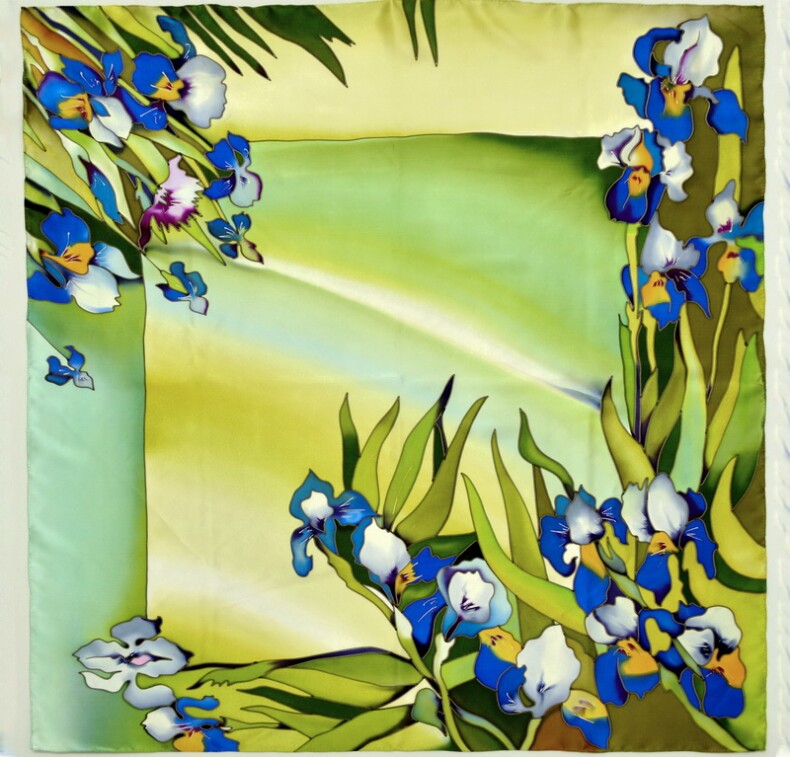 платок "Весна в Провансе" (зеленый)) 90 х 90 см, ручная роспись, 100% шёлк
