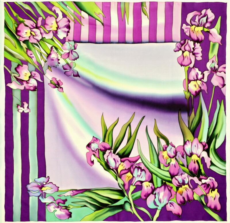 платок "Весна в Провансе" (сиреневый/розовый/зеленый) 90 х 90 см, ручная роспись, 100% шёлк