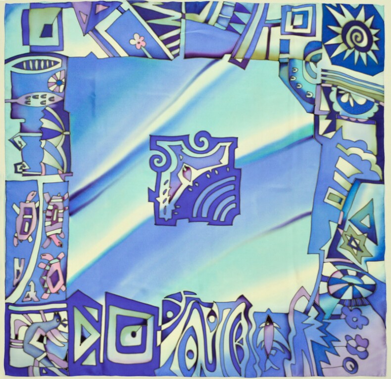 платок "Силуэты" (синий/голубой) 90 х 90 см, ручная роспись, 100% шёлк