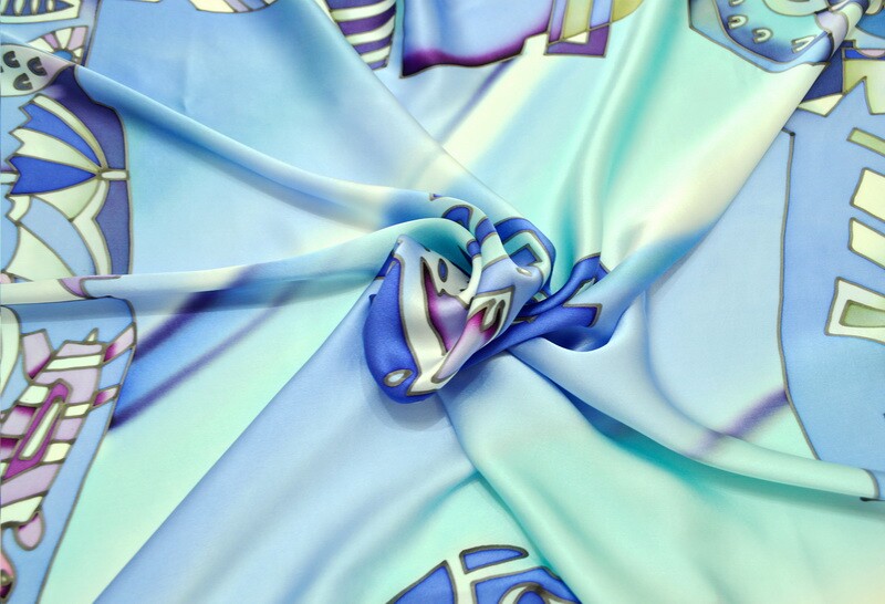 платок "Силуэты" (синий/голубой) 90 х 90 см, ручная роспись, 100% шёлк