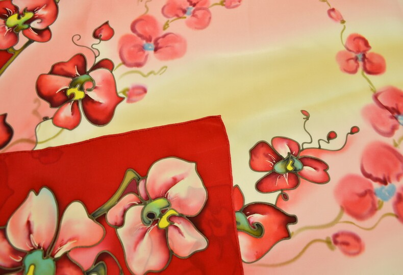 платок "Орхидеи" (красный) 90 х 90 см, ручная роспись, 100% шёлк