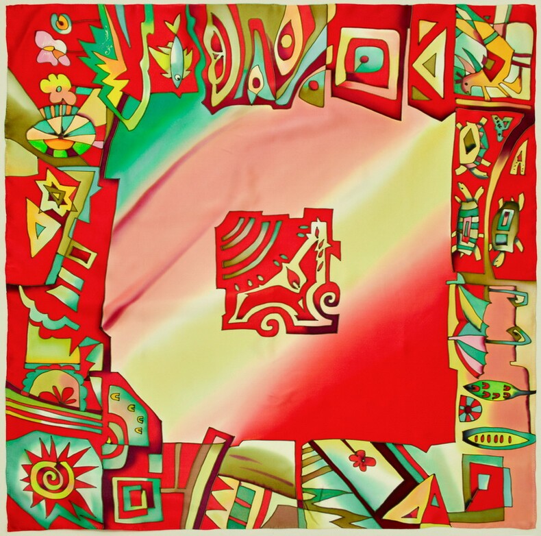 платок "Силуэты" (красный/желтый) 90 х 90 см, ручная роспись, 100% шёлк-copy