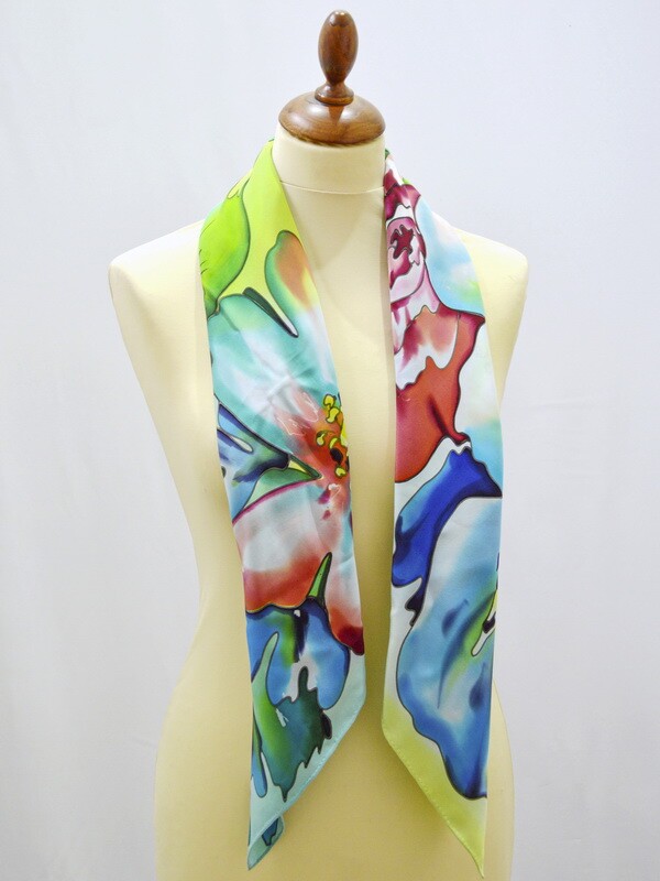 платок "Весна (Цветочная феерия)" (салатовый/розовый/голубой) 90 х 90 см, ручная роспись, 100% шёлк