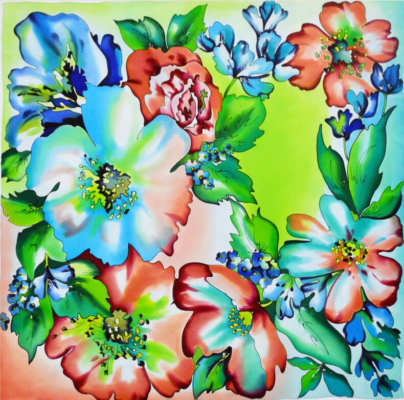 платок "Весна (Цветочная феерия)" (салатовый/розовый/голубой) 90 х 90 см, ручная роспись, 100% шёлк