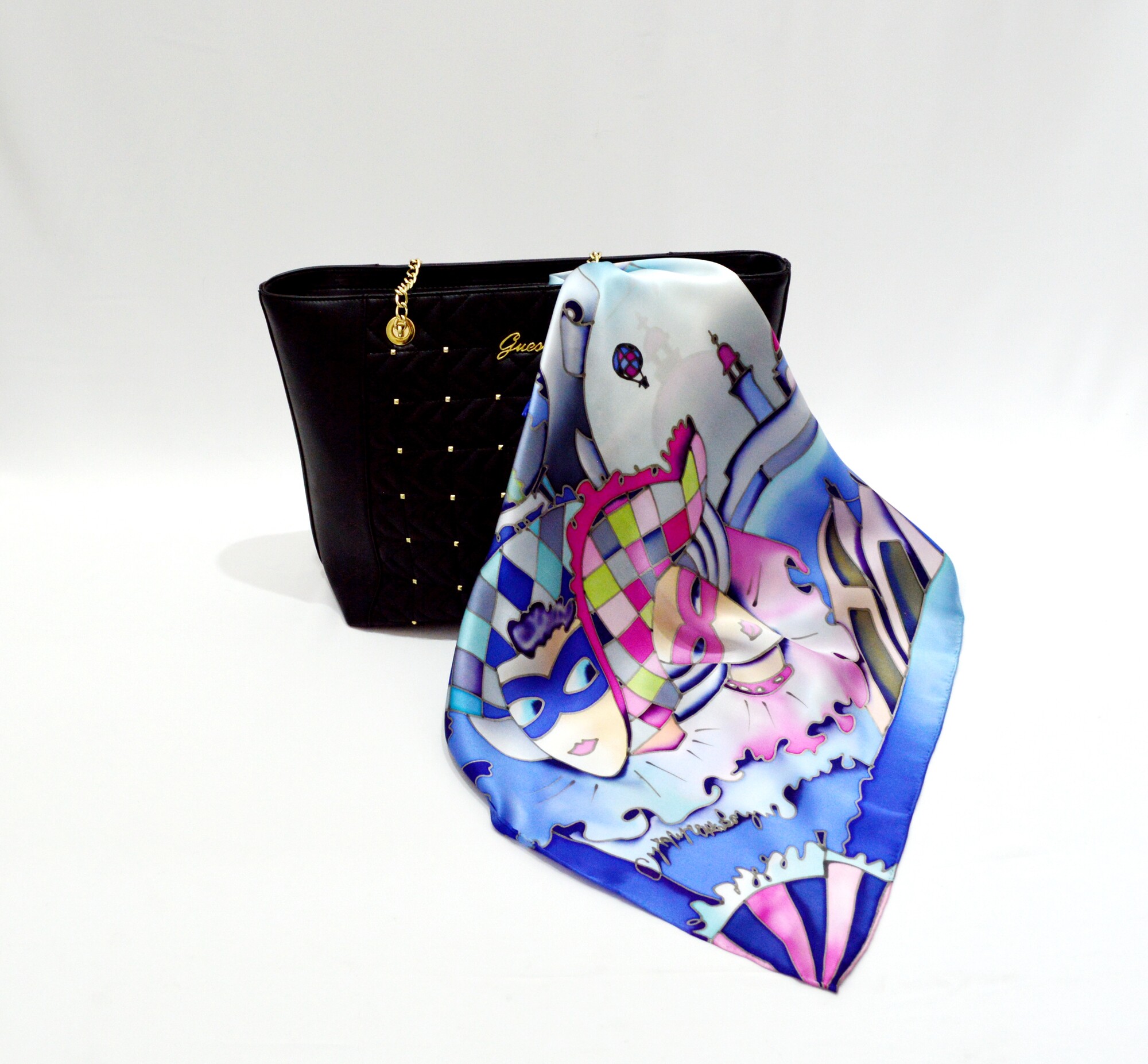 платок "Венецианский карнавал" (синий/розовый) 90 х 90 см, ручная роспись, 100% шёлк
