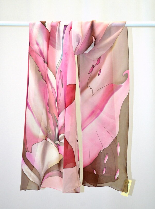 Палантин "Лион" 73х175см (розовый/бежевый), ручная роспись, 100% шёлк