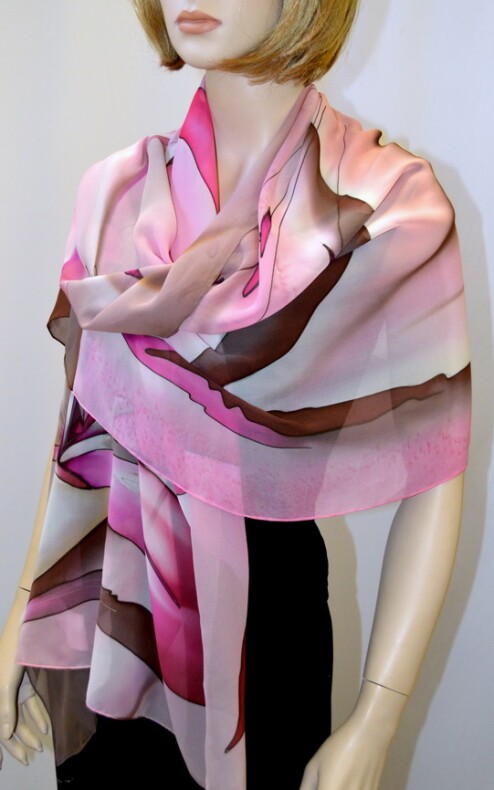 Палантин "Лион" 73х175см (розовый/бежевый), ручная роспись, 100% шёлк