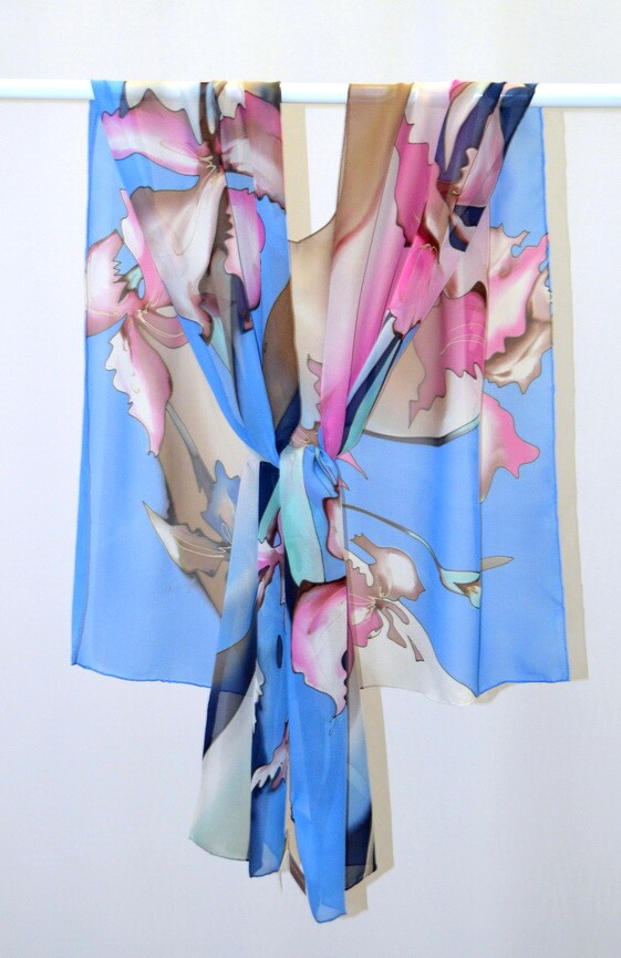 Типпет "Орхидеи" голубой-розовый, 100% шёлк, ручная роспись