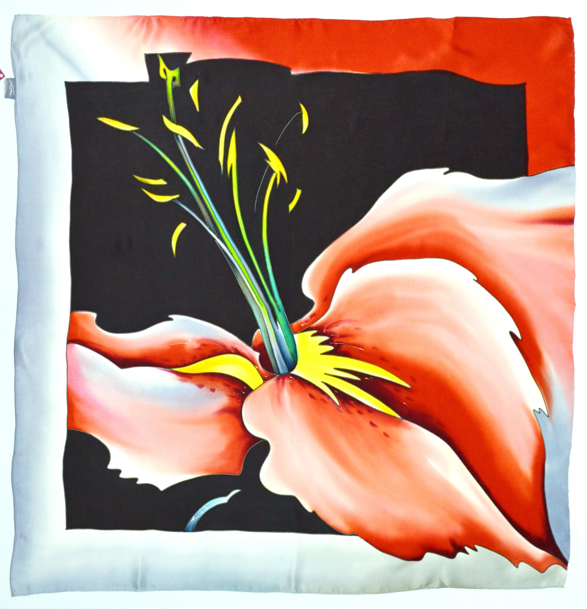 платок "Дели" 90х90 см, ручная роспись, 100% шёлк (красный, черный,серый)